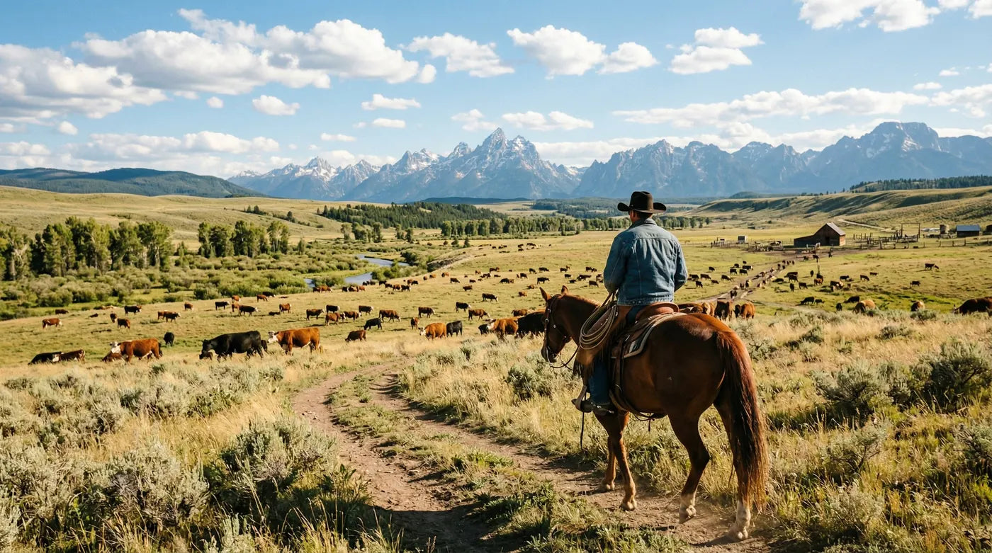 A rancher looking over grazing cattle