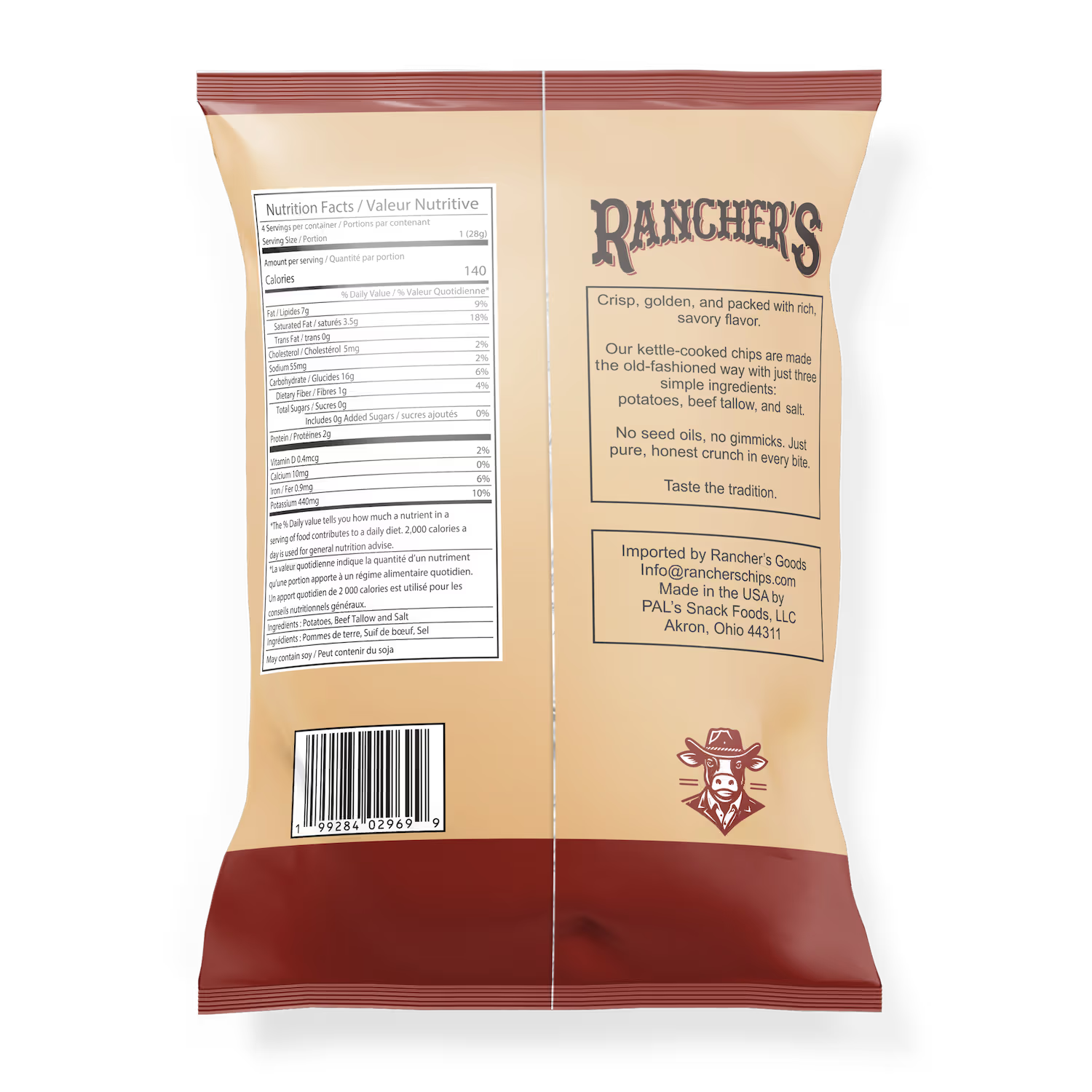Rancher's chip bag with nutritional information and branding on a white background