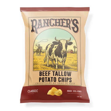 Rancher's Beef Tallow Potato Chips packaging with a cow and cowboy illustration on a beige background.