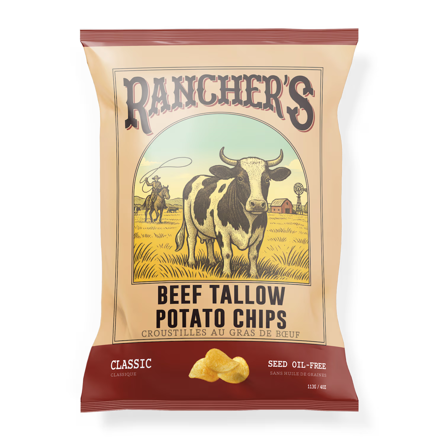 Rancher's Beef Tallow Potato Chips packaging with a cow and cowboy illustration on a beige background.