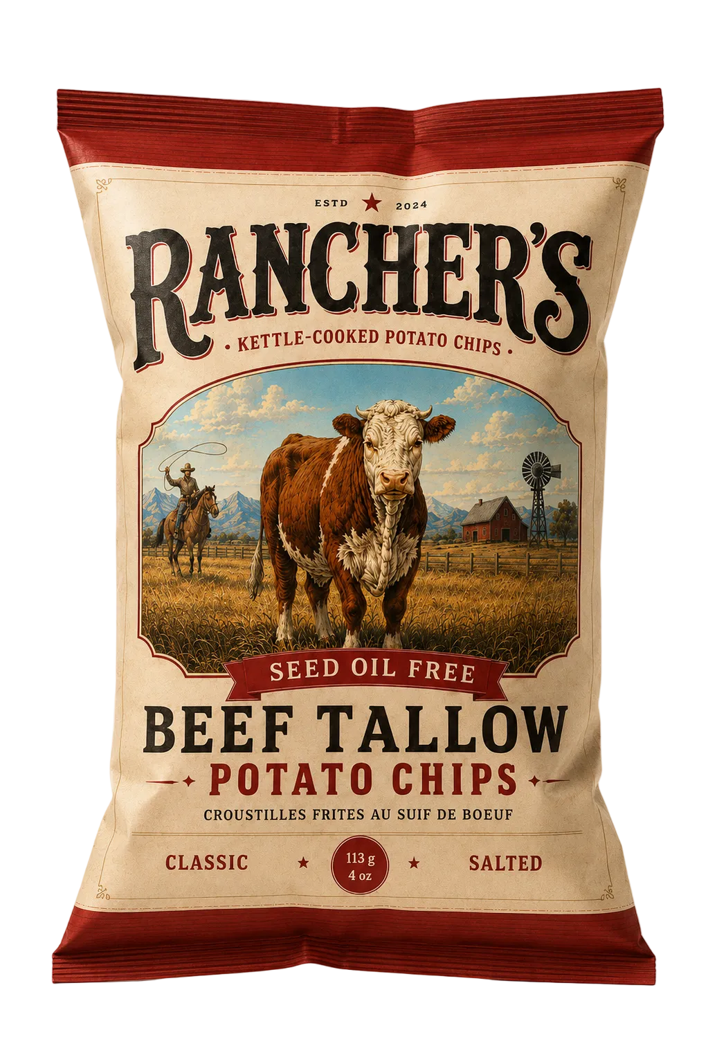 A bag of Rancher's Beef Tallow Potato Chips. The packaging features a vintage-style design with a brown and white cow illustration, red borders, and black text.