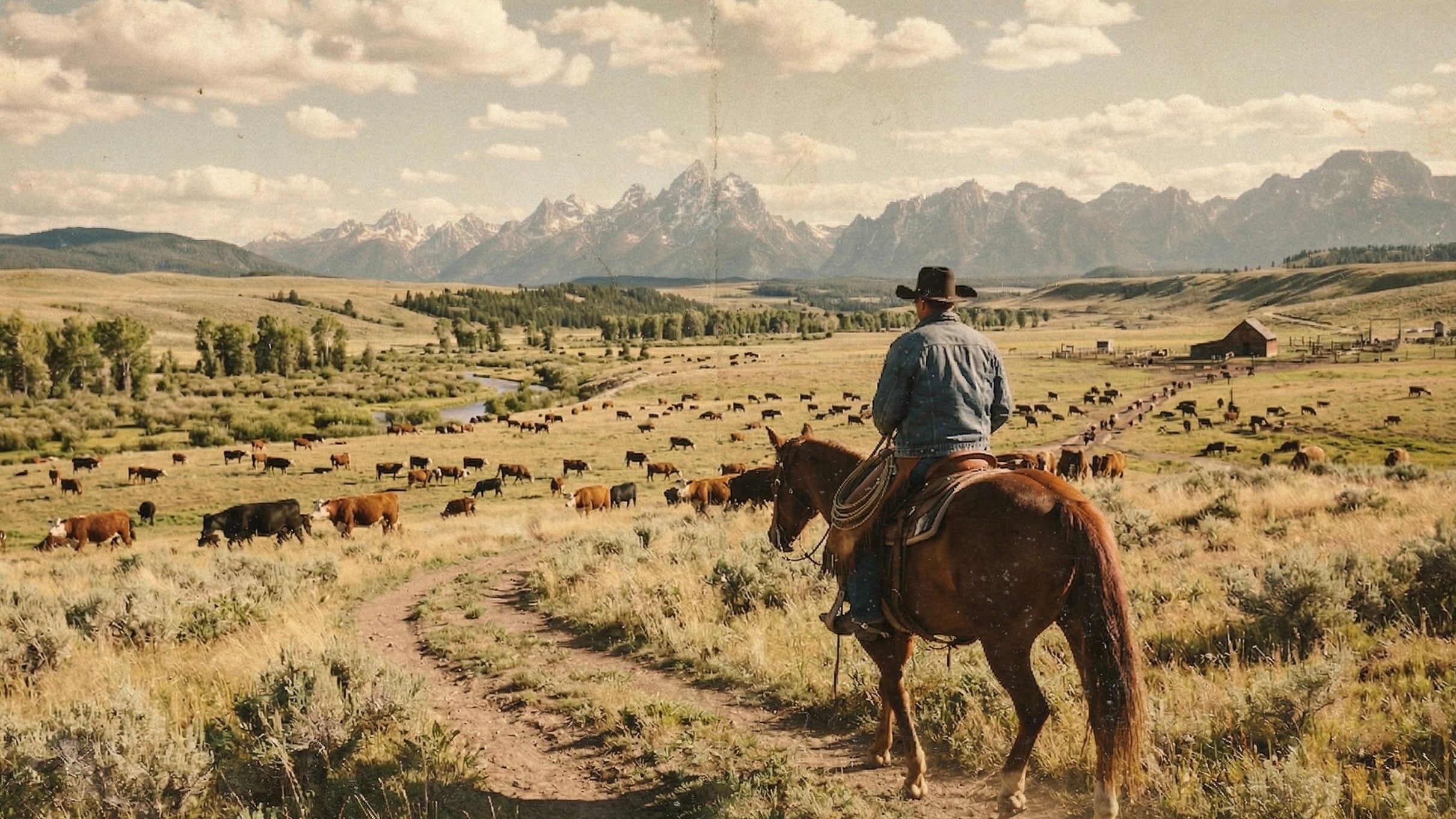 Cowboy riding through ranch country