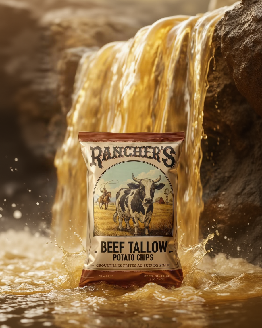 Rancher's beef tallow potato chips by a waterfall